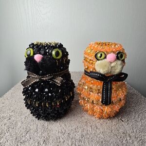 Beaded Safety Pin Cats Figurines with Bows